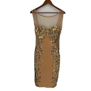 Jovani Dress Women 10 Nude Black Amber Rhinestone Sheer Lined Sexy Cocktail NWT